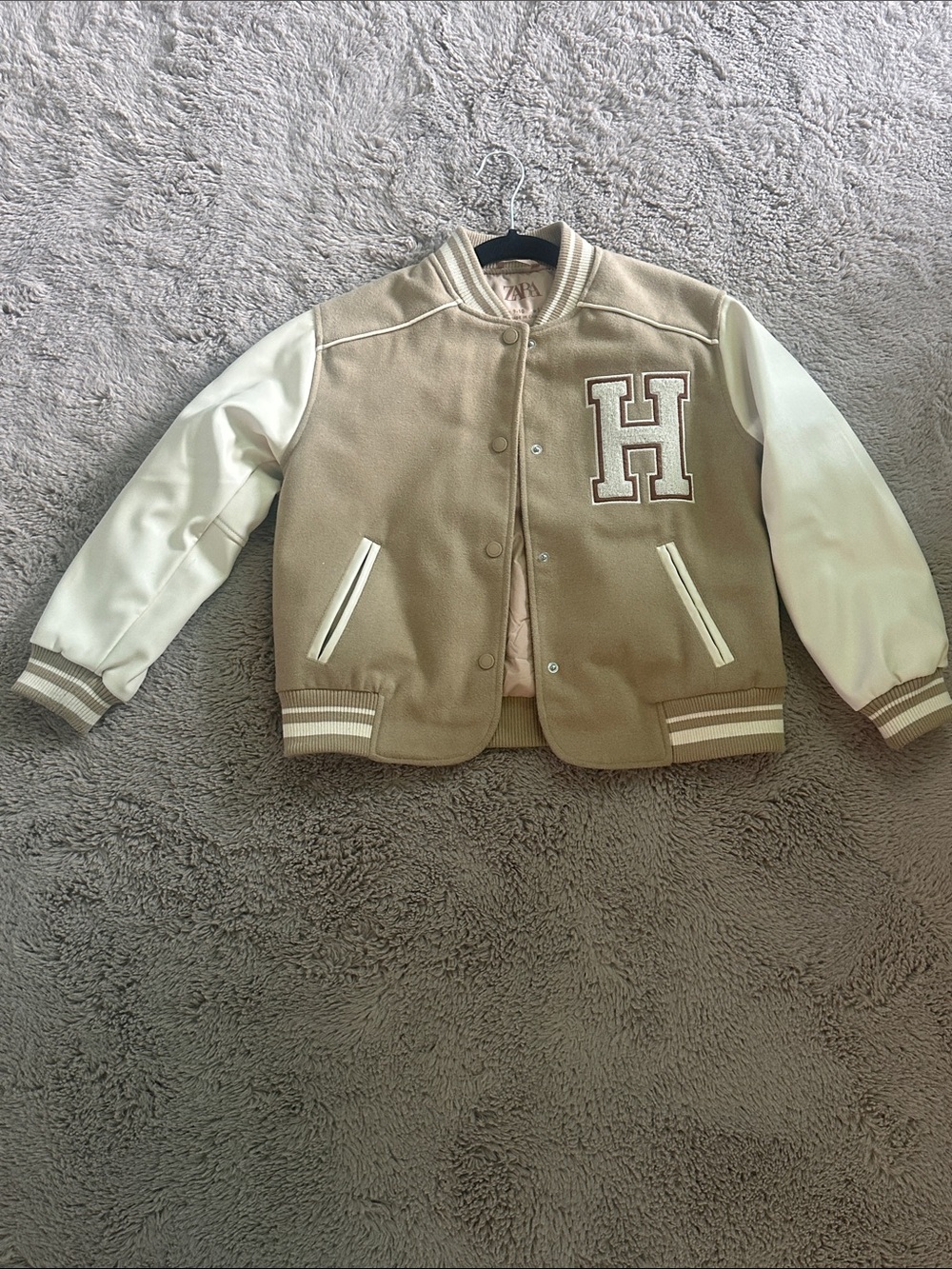 Zara Girls Varsity Bomber Jacket Beige & Cream Size 9-10